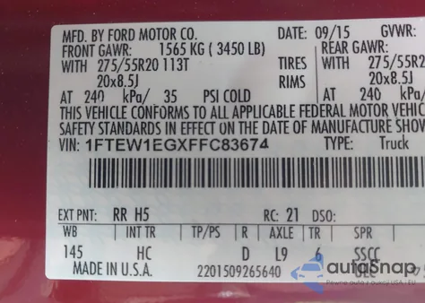 2015 Ford F-150 Lariat from USA, damaged, VIN 1FTEW1EGXFFC83674